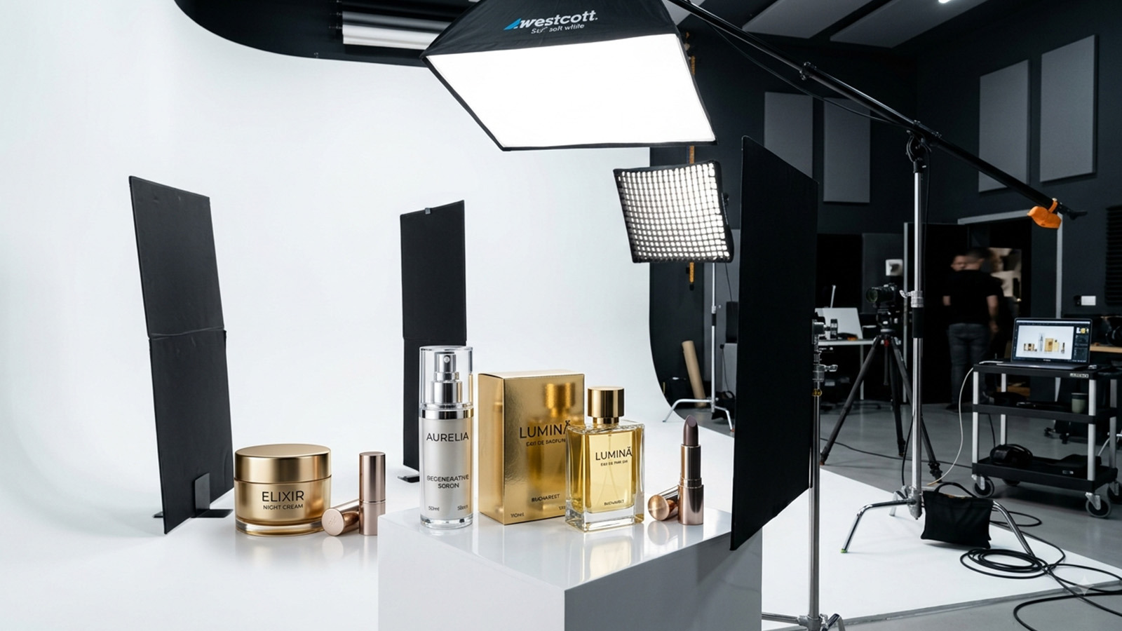 Produs cosmetic cu ambalaj lucios fotografiat în studio profesional din București fără reflexii
