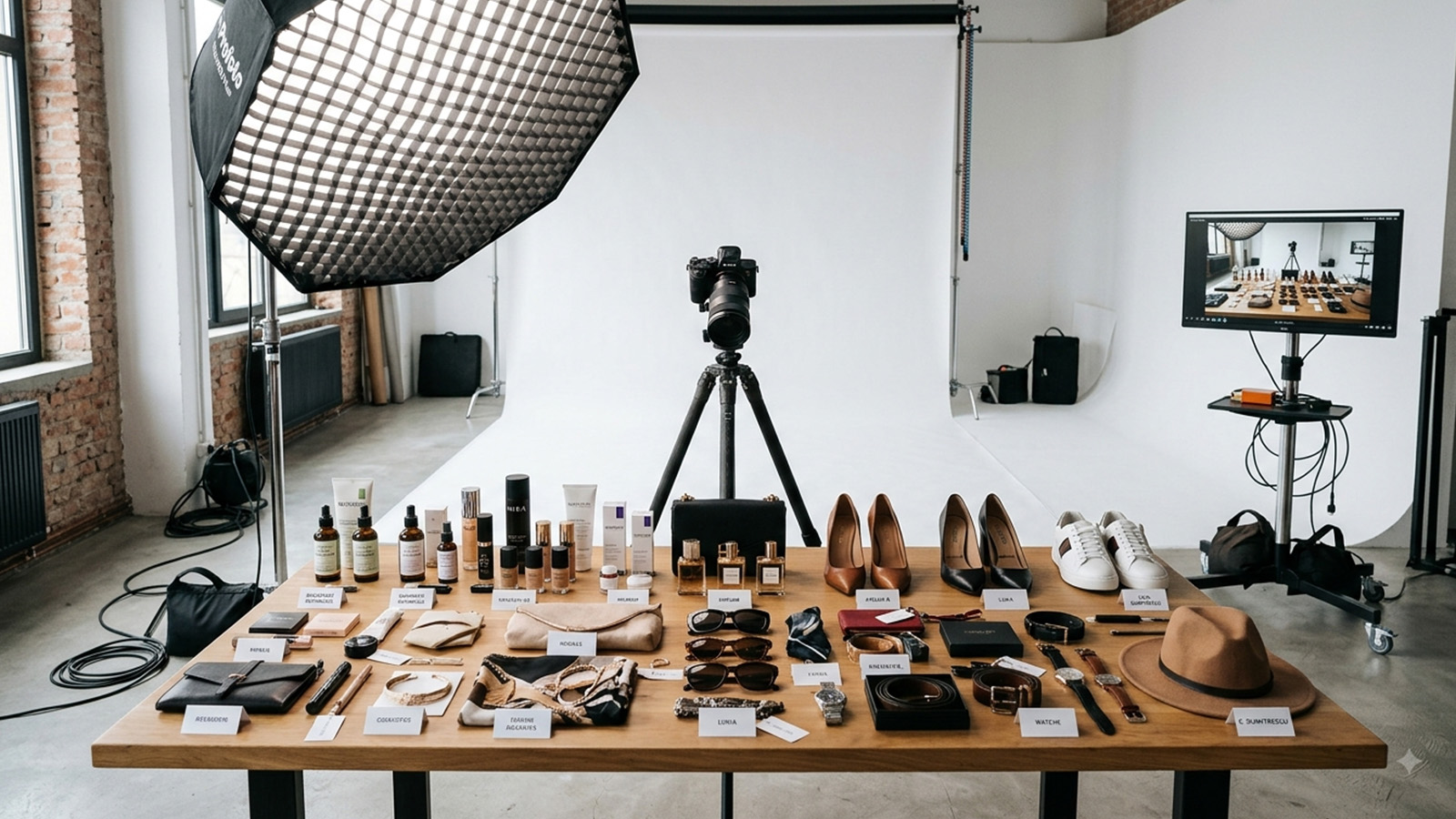 Colecție de produse pregătită pentru o ședință foto profesională în studio foto din București